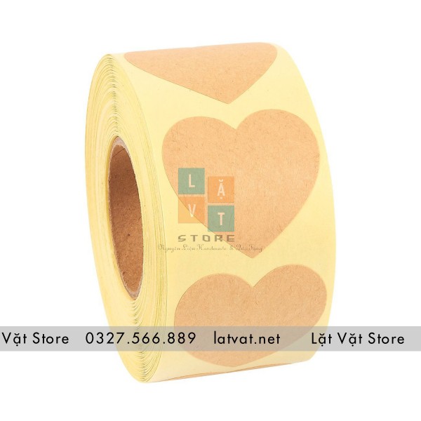 Tem dán trơn màu kraft hình trái tim 500 tem/cuộn
