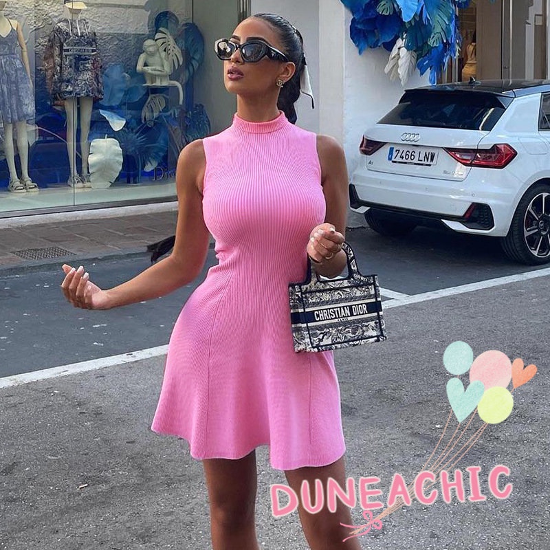 Đầm Sát Nách Cổ Cao Xếp Ly Màu Trơn Phong Cách Đường Phố Cho Nữ