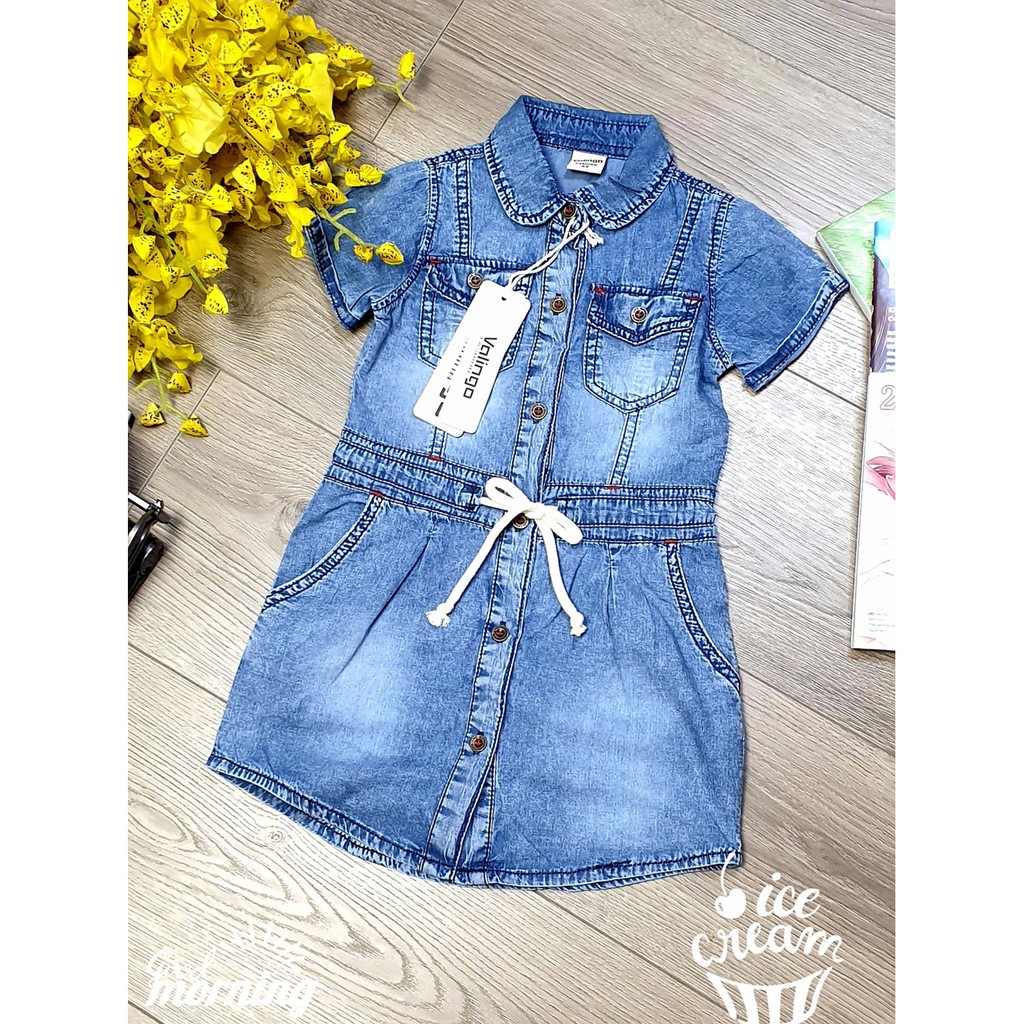 Đầm jean cổ sơ mi 2 túi xinh xắn cho bé gái 10-30kg