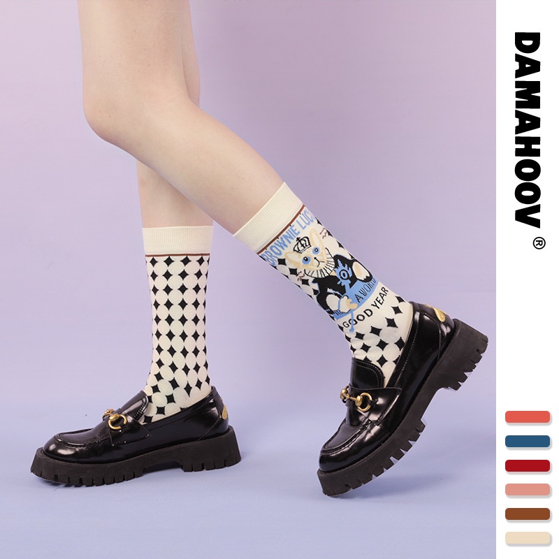 Vớ Cotton Kẻ Sọc Caro In Hình Mèo Hoạt Hình Phong Cách Lolita Nhật Bản Cho Nữ