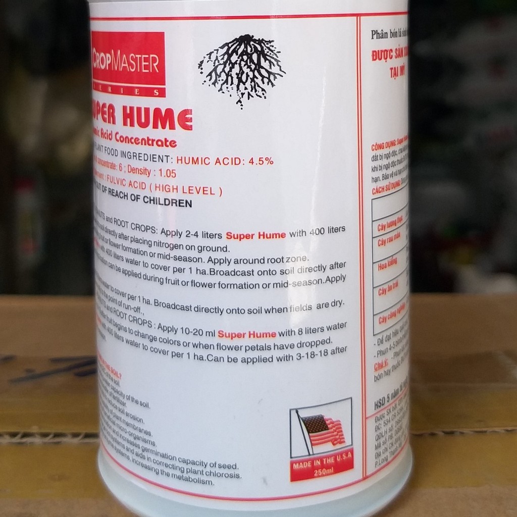 Phân Bón Sinh Học Axit Humic Nhập Mỹ SUPER HUME (250ml), Ra rễ mạnh, tăng trưởng nhanh