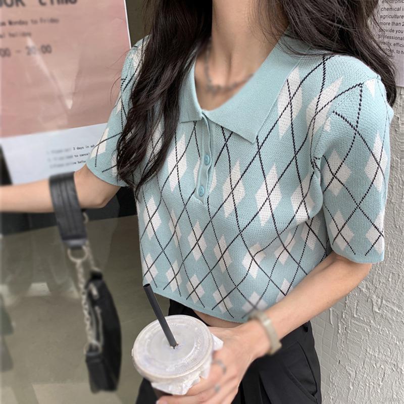 Áo Croptop Dệt Kim Tay Ngắn Kẻ Sọc Ca Rô Kiểu Hàn Quốc Dễ Thương Cho Nữ | BigBuy360 - bigbuy360.vn
