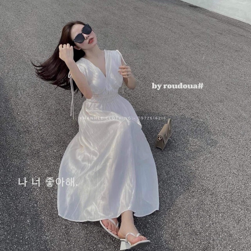 Đầm maxi nơ vai dễ thương, chất tơ ngọc trai 2 lớp có khóa lưng tiệc tùng du lịch quý phái