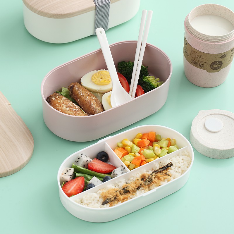 1200ml Hộp cơm hai lớp Microwavable Hộp cơm Bento dành cho sinh viên với Bộ đồ ăn Hộp Sushi