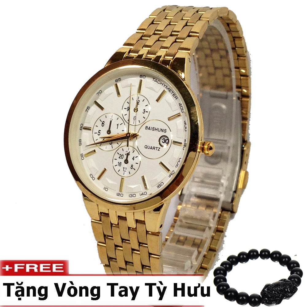 Đồng hồ nam BAISHUNS dây thép cao cấp không gỉ (Mặt trắng) + tặng kèm vòng tay tỳ hưu phong thủy