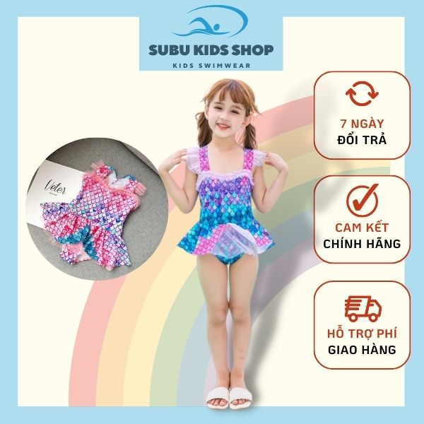 Đồ bơi trẻ em dành cho bé gái Bikini liền thân vảy cá chân váy xoè hai dây phối ren (tặng kèm nón bơi xinh)