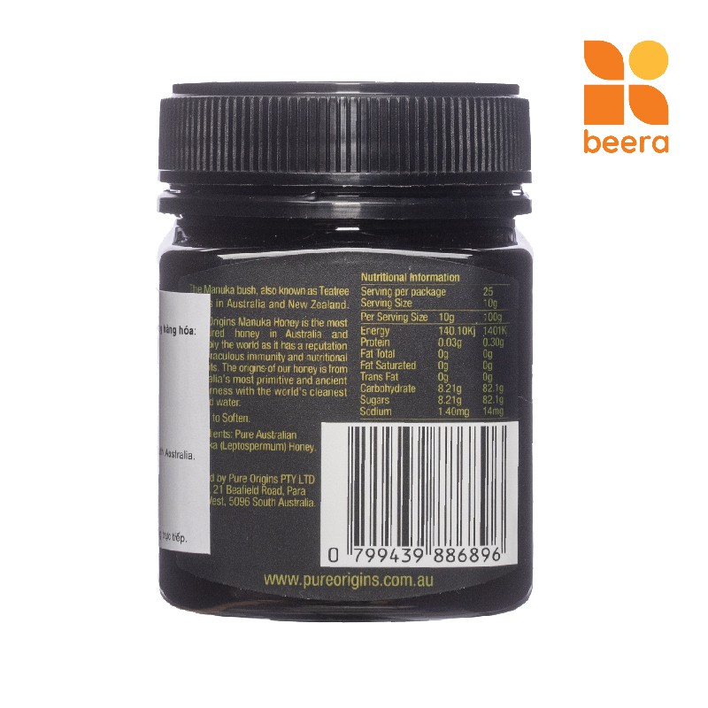 Mật Ong Manuka MGO 400+ Pure Origins Beera giảm viêm loét dạ dày, chữa lành vết thương, hỗ trợ tiêu hóa(250g)