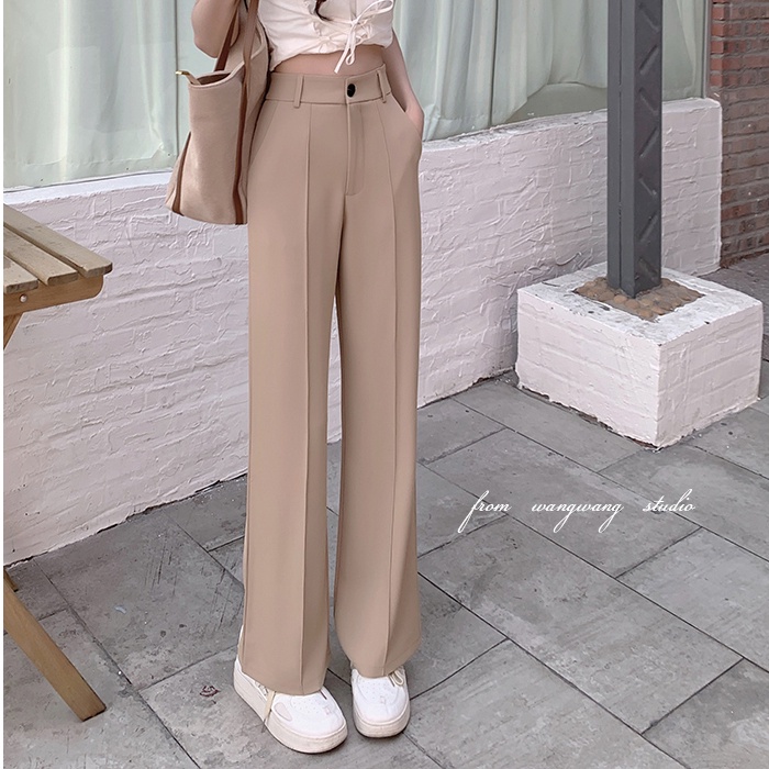 SUXI Quần Dài Ống Rộng Lưng Cao Màu Sắc Đơn Giản Hợp Thời Trang Cho Nữ