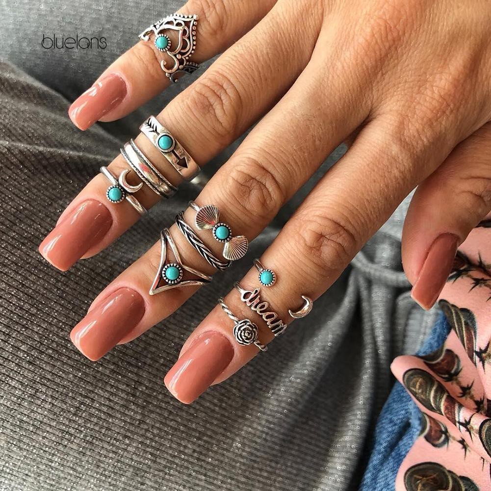 Nhẫn Đính Đá Ngọc Lam Phong Cách Bohemia Cổ Điển Cho Nữ