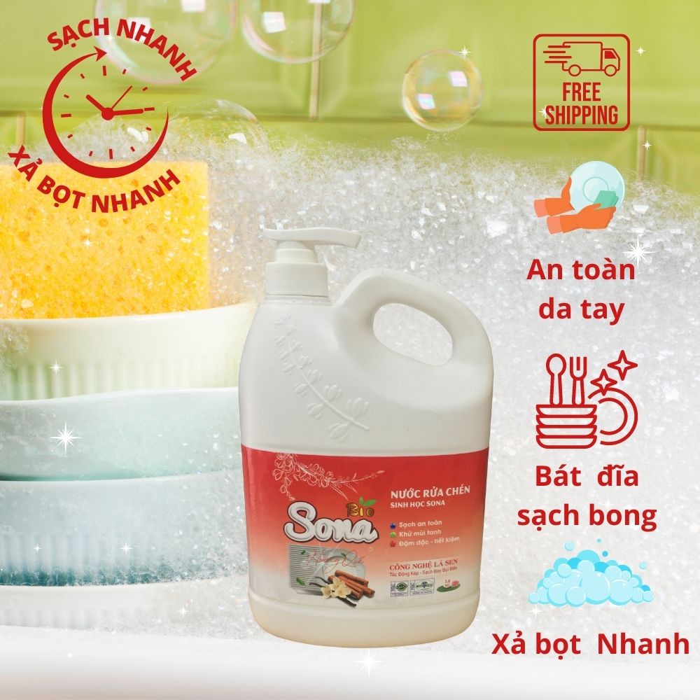 Nước rửa bát hương Quế/Dừa SONA1,6kg đánh bay mọi vết bẩn nhà bếp, sạch nhanh, ko nhớt, an toàn cho da tay