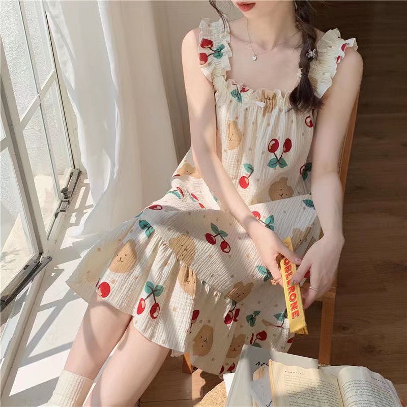 Đầm Ngủ Hai Dây Mỏng Dáng Rộng Phong Cách Pháp Dễ Thương Thời Trang Mùa Hè Cho Nữ