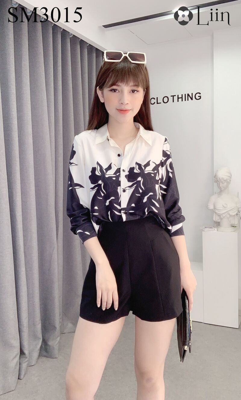 Áo Sơ Mi nữ cao cấp họa tiết Hoa Chân Đen thời trang Liin Clothing SM3015