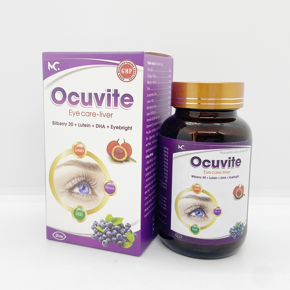 Viên uống sáng mắt Ocuvite cao việt quất, lutein, DHA, dầu gấc - 30 viên [Ocuvite Eye Care Liver Chai]