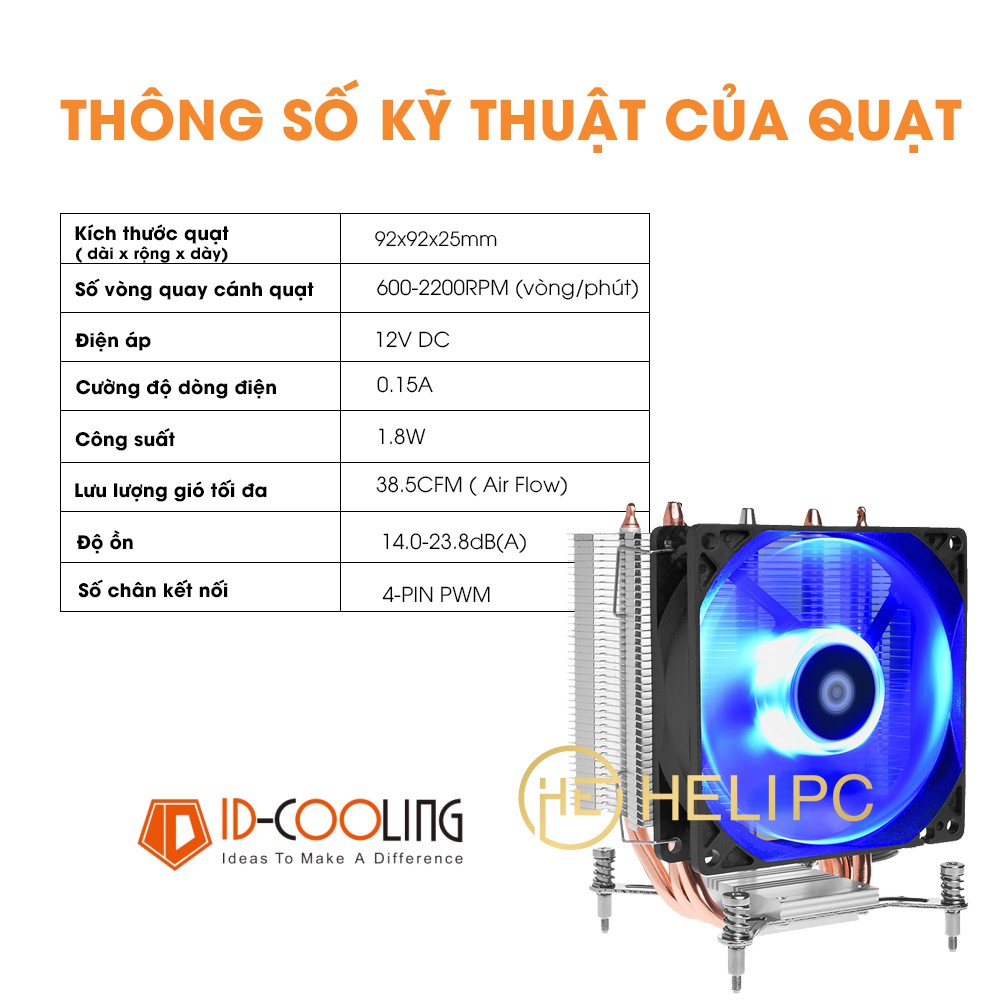 Quạt tản nhiệt CPU chính hãng ID Cooling SE-913X 4-Pin, Led xanh, 3 ống đồng hiệu năng mạnh mẽ