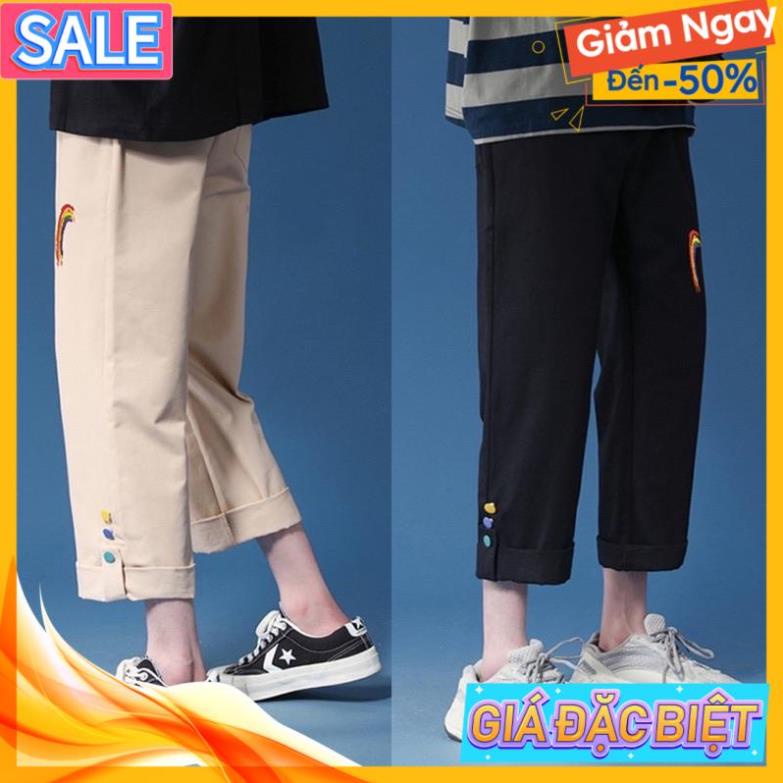 Quần KaKi Baggy Nam Nữ-Quần kaki ống Suông Unisex in hình cầu vồng cực chất- Hai màu Đen Be 3 Size M L XL NT