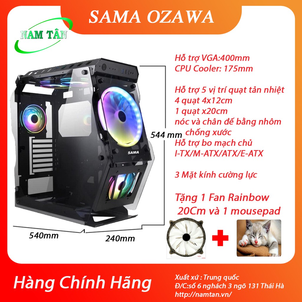 Vỏ Case máy tính SAMA Ozawa ( Tặng 1 Fan 1x20cm Cyclone Rainbow RGB + 1 bàn di chuột )