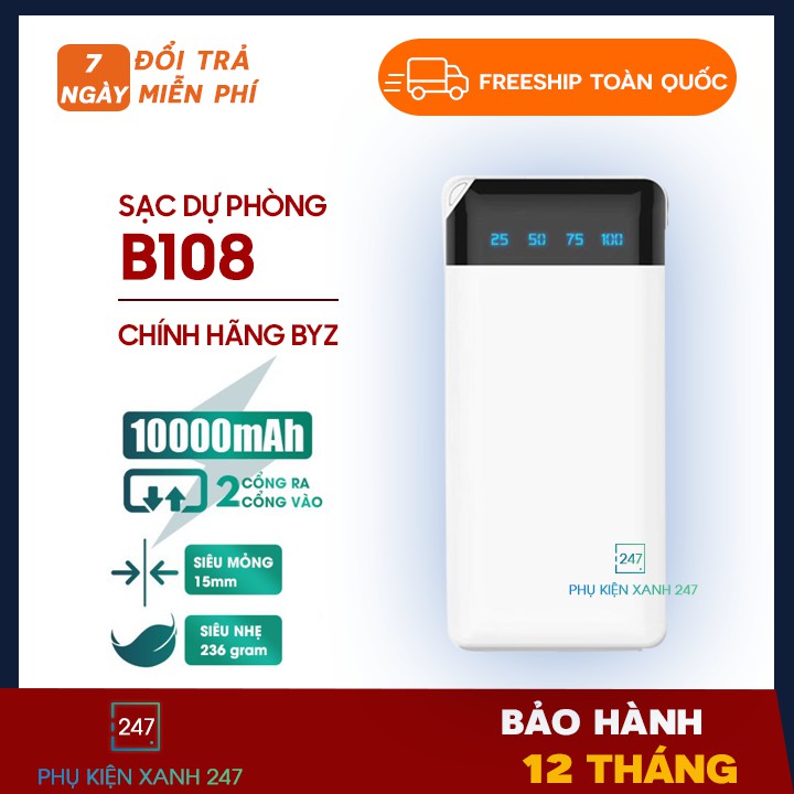 Sạc Dự Phòng Cao Cấp ⚡️𝐁𝐇 𝟏𝟐 𝐓𝐇𝐀́𝐍𝐆⚡️Pin Bền, Tiện Lợi B108 - 10000mah Chính hãng