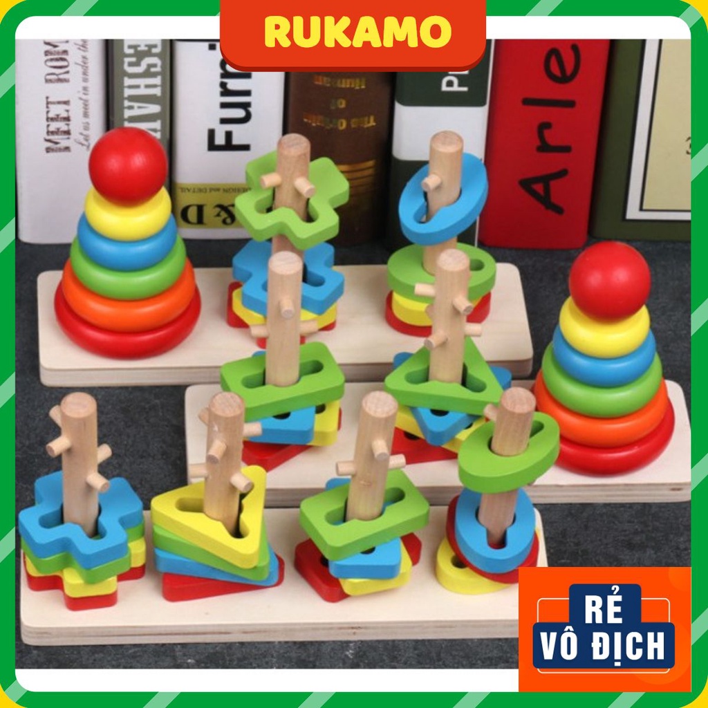 Đồ chơi trẻ em bằng gỗ Montessori tháp cầu vồng thả hình khối luồn cọc cho bé trí tuệ thông minh RUKAMO DG06