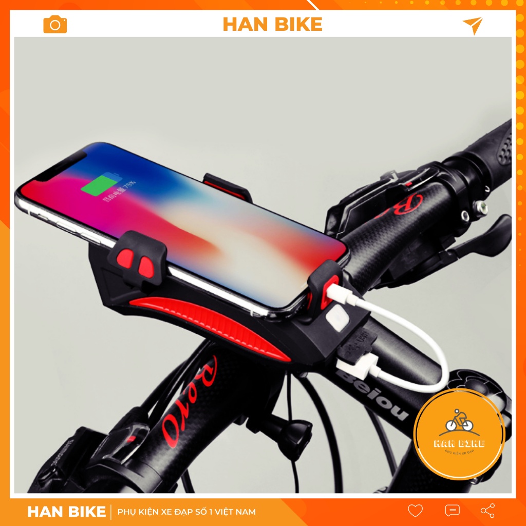■Đèn Pin Kẹp Điện Thoại HAN BIKE - Đèn Xe Đạp Siêu Sáng 3 Bóng LED Chống Nước Còi Đa Năng Hàng Cao Cấp