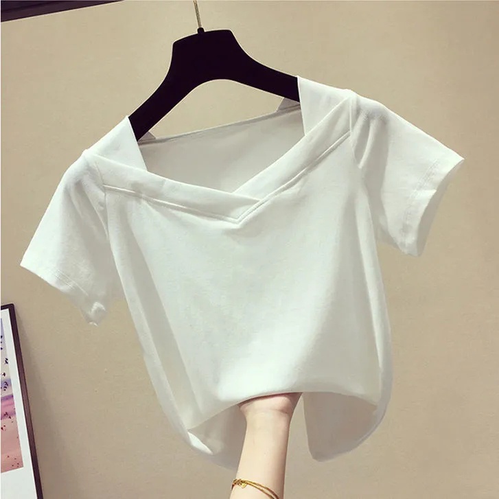 Áo Thun Cotton Tay Ngắn Cổ Chữ V Màu Sắc Trơn Phong Cách Hàn Quốc Dành Cho Nữ