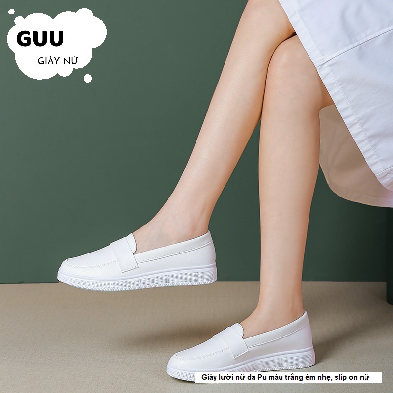 Giày lười nữ da Pu màu trắng êm nhẹ, slip on nữ , white shoes G9330