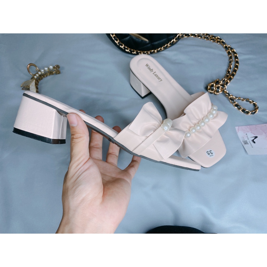 Dép cao gót 3-5cm, quai ngang nhún đính ngọc, đế vuông chắc chắn, bền đẹp-1000033