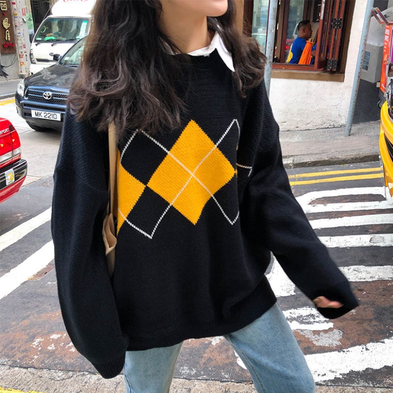 Áo Sweater dệt kim dáng rộng cổ tròn tay dài phong cách retro thời trang