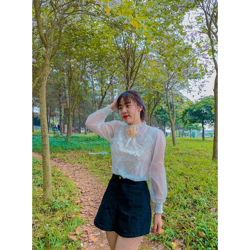 ÁO SƠ MI REN BÈO PHA TƠ ĐÍNH NG KÈM TAG HOA | BigBuy360 - bigbuy360.vn