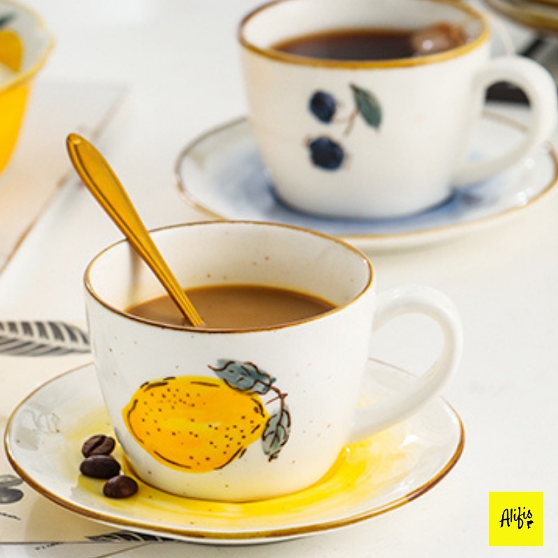 Ly sứ, cốc sứ dễ thương kèm đĩa dùng uống trà, café họa tiết Chanh vàng xinh xắn