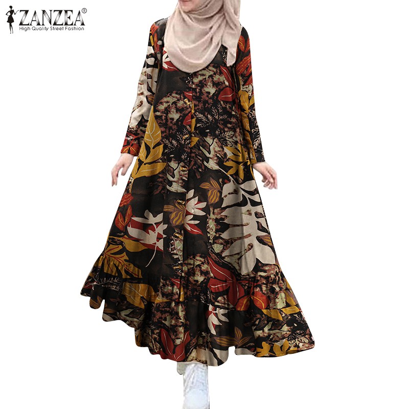 Đầm Maxi ZANZEA Tay Dài Họa Tiết Cổ Điển Cho Phụ Nữ Hồi Giáo