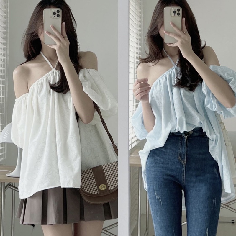 Áo trễ vai điệu hoa chìm - Áo có dây cột dạng yếm 3 màu
