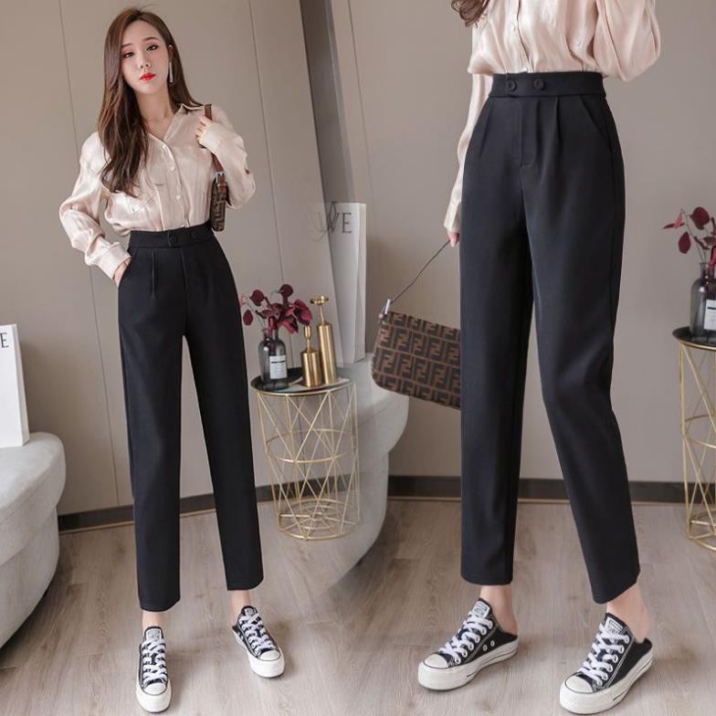 Quần Baggy nữ công sở cạp cao - Chất vải tuyết mưa màu đen - Phối 2 cúc bấm - Form dáng chuẩn đẹp