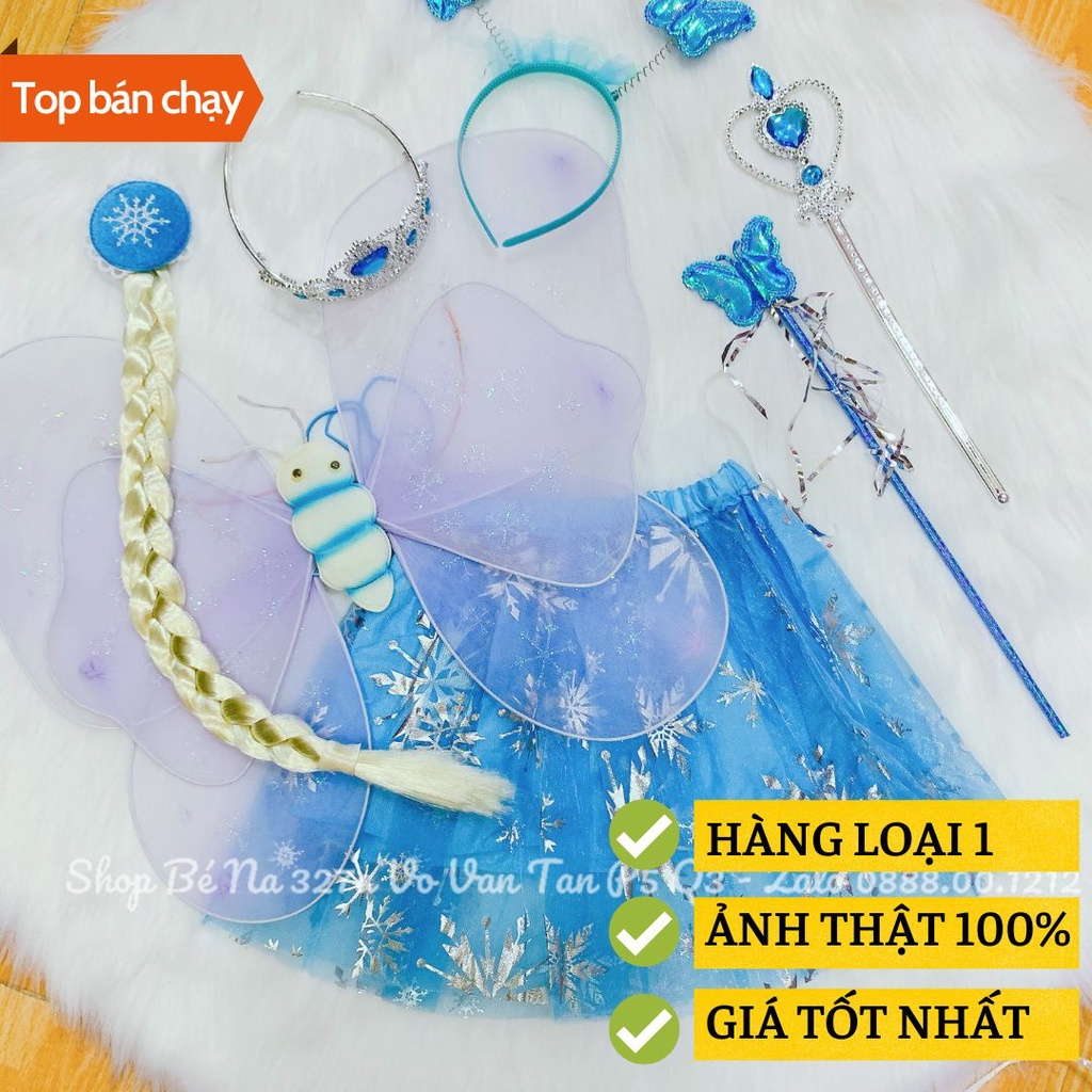 Váy elsa cho bé gái, cánh bướm phát sáng có đèn đồ halloween cho bé gái set vương miện kèm tóc, đũa phép