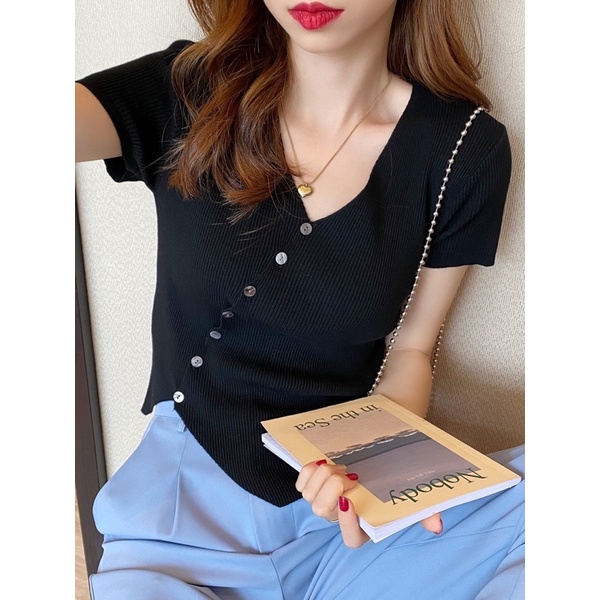 Áo thun nữ ngắn tay mùa xuân-hè cổ chữ V