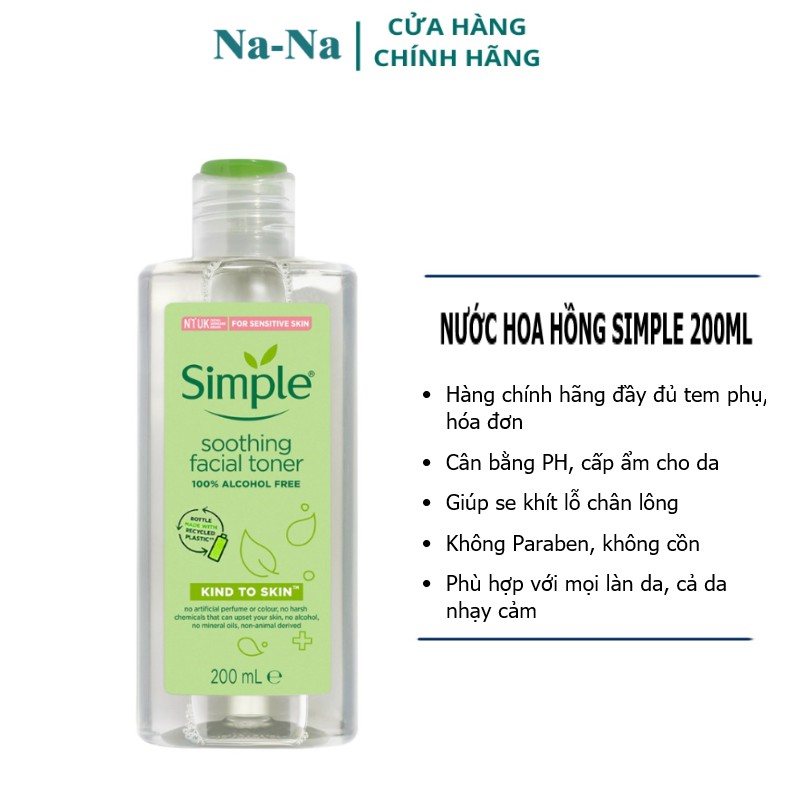 [Hàng chính hãng, có tem phụ] Nước hoa hồng dịu nhẹ Simple 200ml, cấp ẩm, cân bằng phù hợp mọi mọi làn da và da nhạy cảm