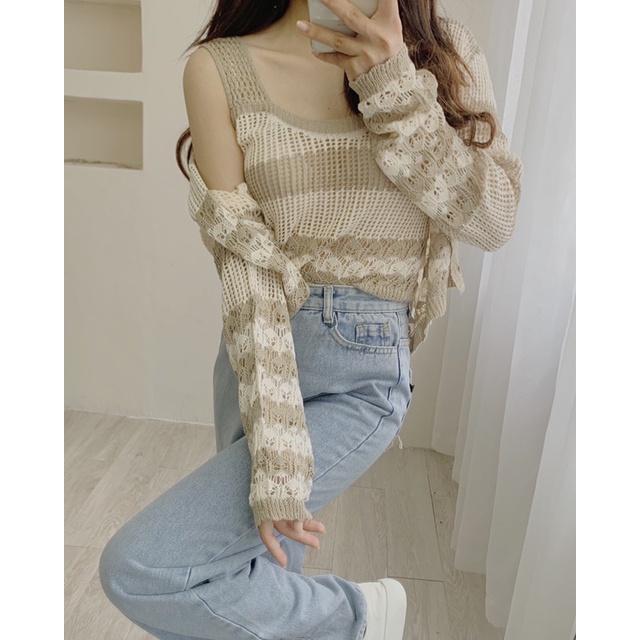 Set áo len mõng kèm cardigan kẻ sọc 999