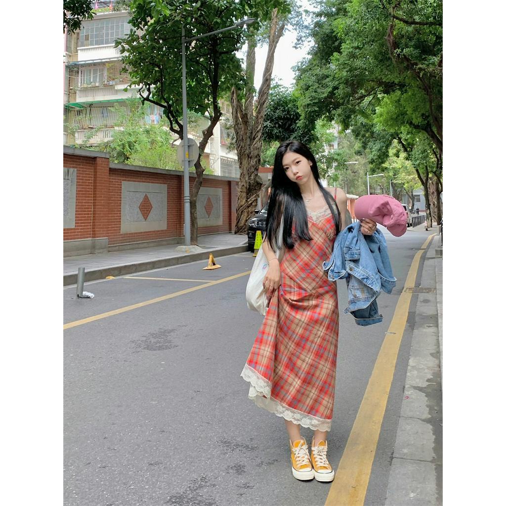 Đầm Hai Dây Phối Ren Họa Tiết Sọc Caro Thời Trang Mùa Hè Hàng Mới Dành Cho Bạn Nữ