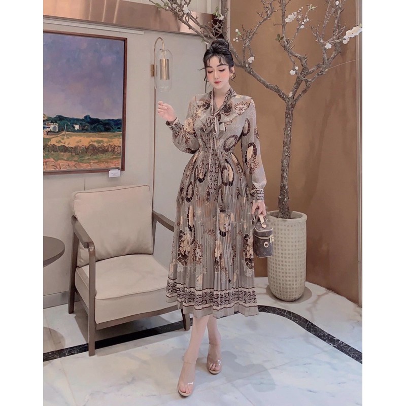 [Mã FATHANG5 giảm 10K đơn 50K] V047 Váy Dự Tiệc Dáng Dài pha Cổ Nơ , Đầm Hoạ Tiết Dài Tay , Chân Váy Dập Ly Cao Cấp | BigBuy360 - bigbuy360.vn