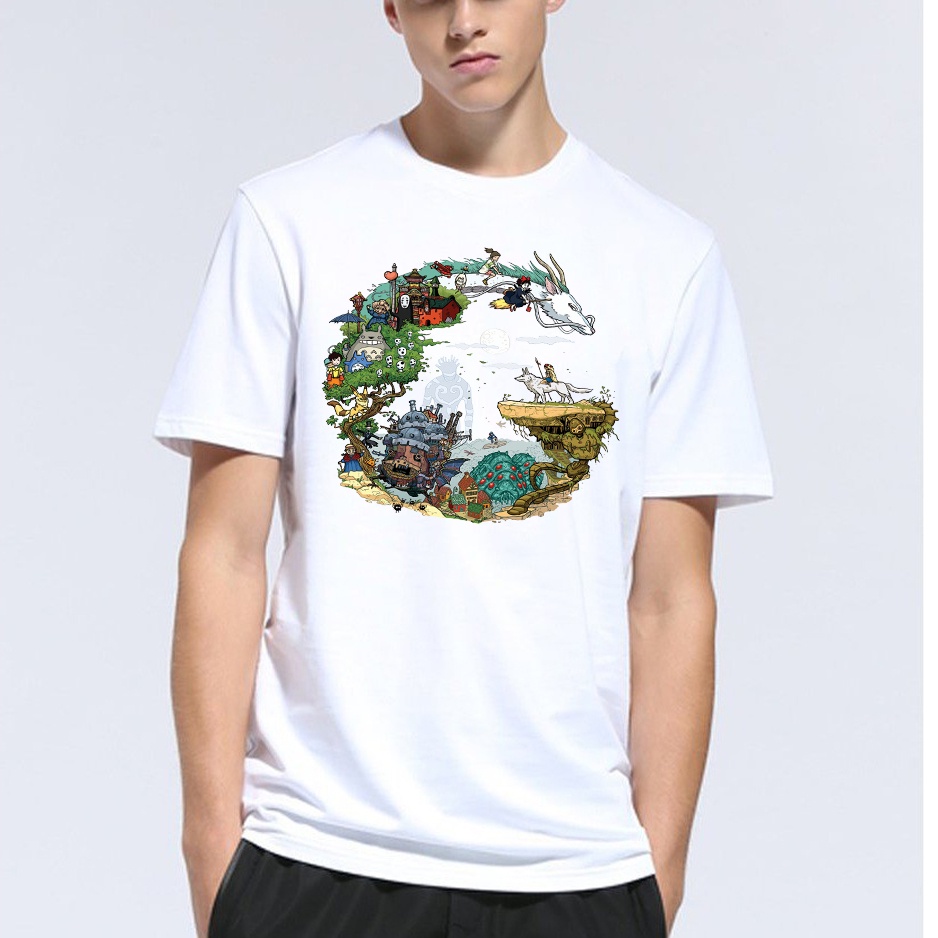 Áo thun nam nữ tay lỡ vải cotton form rộng màu trắng Hạ Băng Designs - Ghibli 001