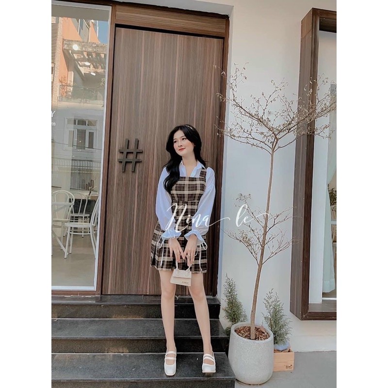 sét đầm yếm caro nâu bigsize 55kg-90kg✅