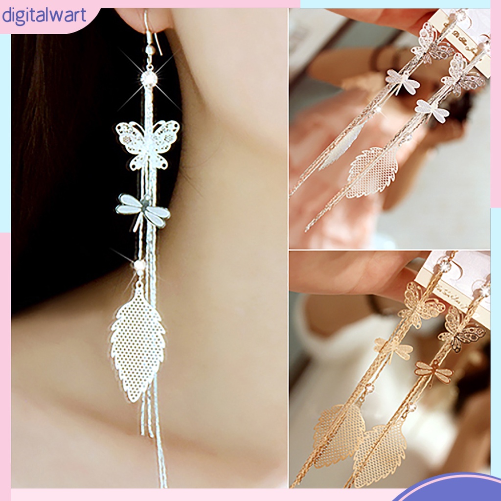 Khuyên tai hợp kim tua rua dáng dài thiết kế hình bướm/chuồn chuồn và lá cho nữ
