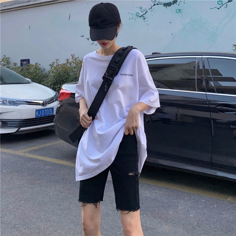 AMOI Quần Short Denim Màu Đen Lưng Cao Dáng Suông Rách Cá Tính Có Size Lớn Phong Cách Hàn Quốc Cho Nữ