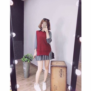 Set đầm sơmi+áo len