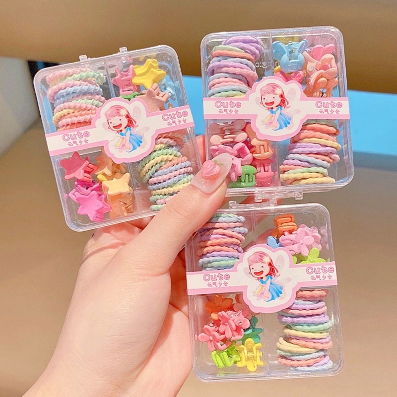 Hộp Dây Buộc Tóc Mix Kẹp Tóc Càng Cua Nhiều Màu Cho Bé Hộp Vuông 4 Ngăn