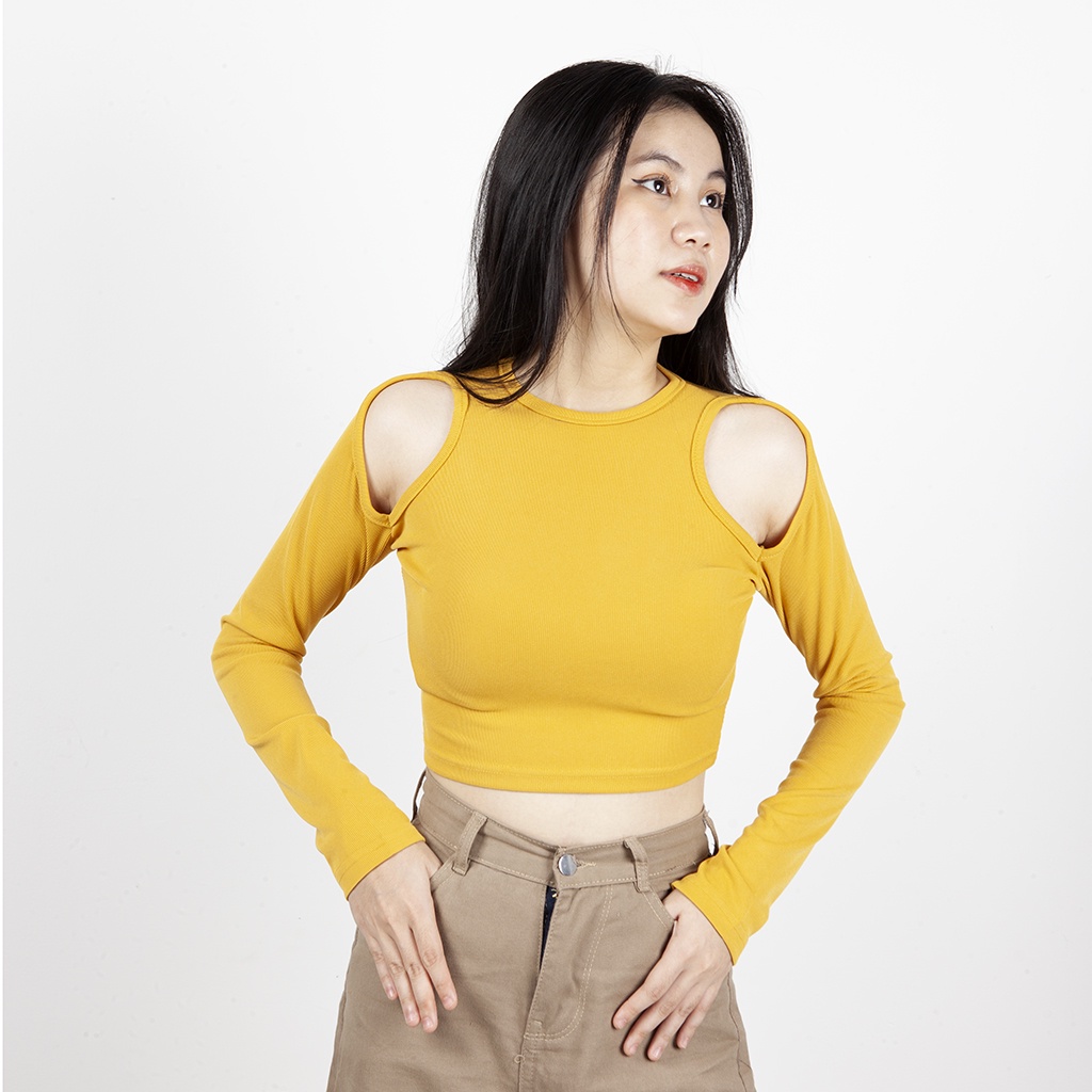 Áo croptop tay dài ôm khoét vai 2 bên sexy cá tính thun tăm mềm mịn dày dặn