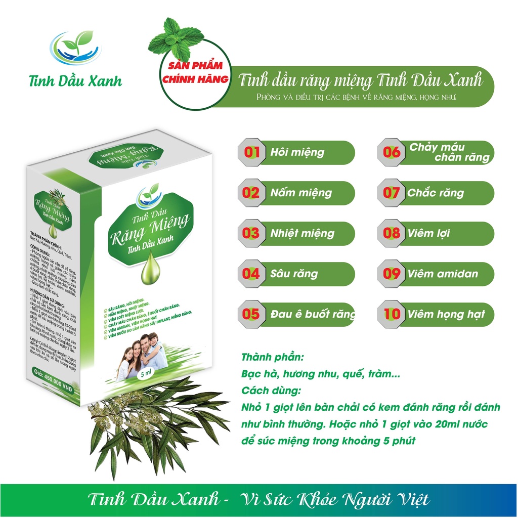Tinh Dầu Răng Miệng Tinh Chất Thiên Nhiên, 100% Organic Chống Hôi Miệng, Giảm Sâu Răng Hàng Chính Hãng Tinh Dầu Xanh 5ml