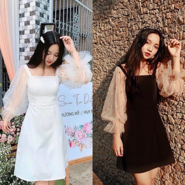 Đầm trắng tay lưới phồng đính hạt Gin siêu xinh kèm ảnh thật/ đầm dự tiệc