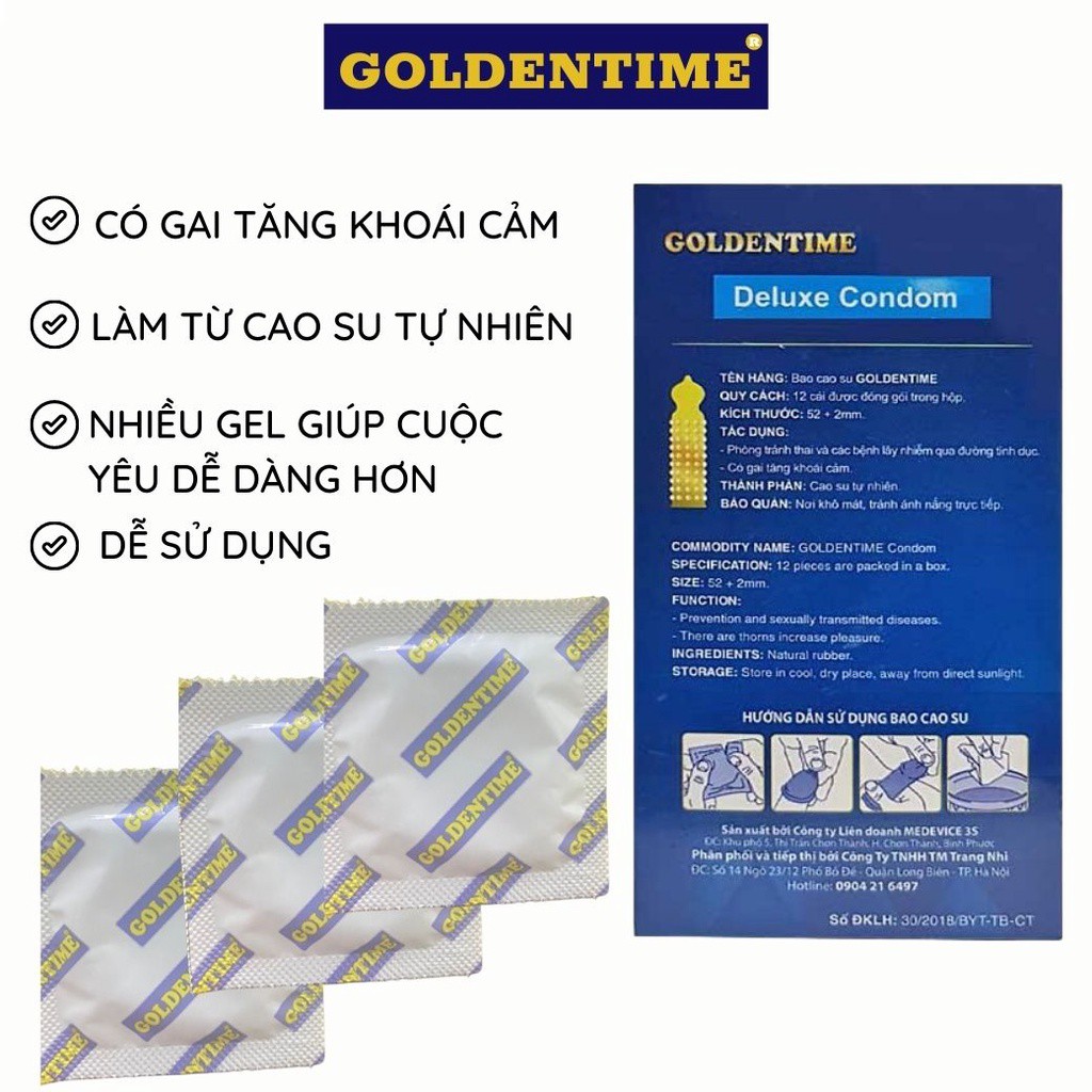 [Mã BMLT35 giảm đến 35K đơn 99K] Bao cao su Goldentime gai nhỏ li ti tăng khoái cảm kéo dài thời gian hộp 12 bao GEMHOME