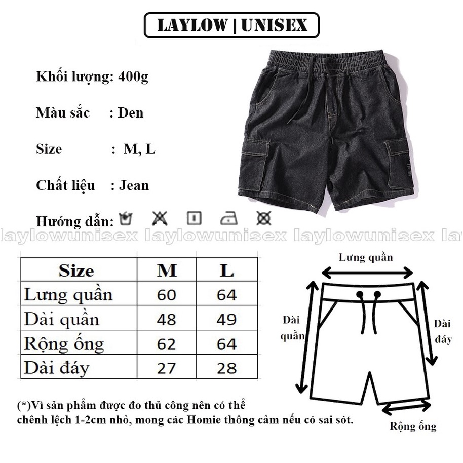 Quần Đùi Jean Túi Hộp Nam Nữ Lưng Thun Thời Trang Đường Phố Cao Cấp LAYLOW Unisex