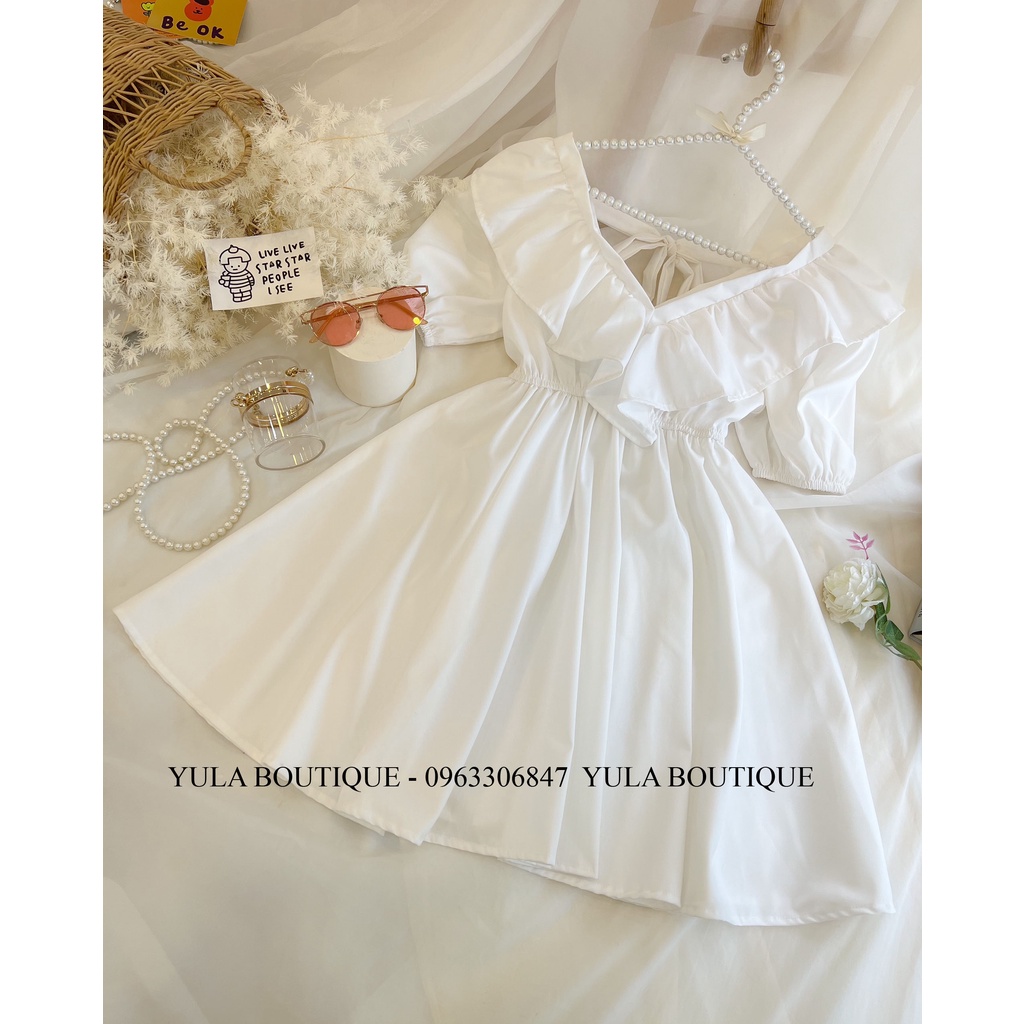 Váy babydoll nữ, tay phồng tiểu thư, bèo cánh tiên, chun eo, có thắt nơ sau | BigBuy360 - bigbuy360.vn
